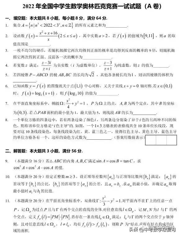 首发！2022年全国中学生数学奥林匹克竞赛试题